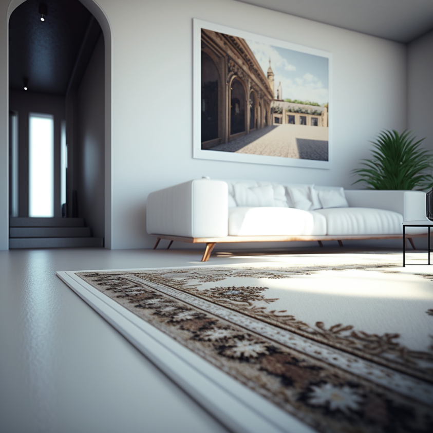 close up pristine white rug with a couch and artwork